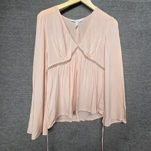 BCBGeneration Pink V-Neck Crochet Lace Empire Waist Blouse Boho Bell Sleeve  M